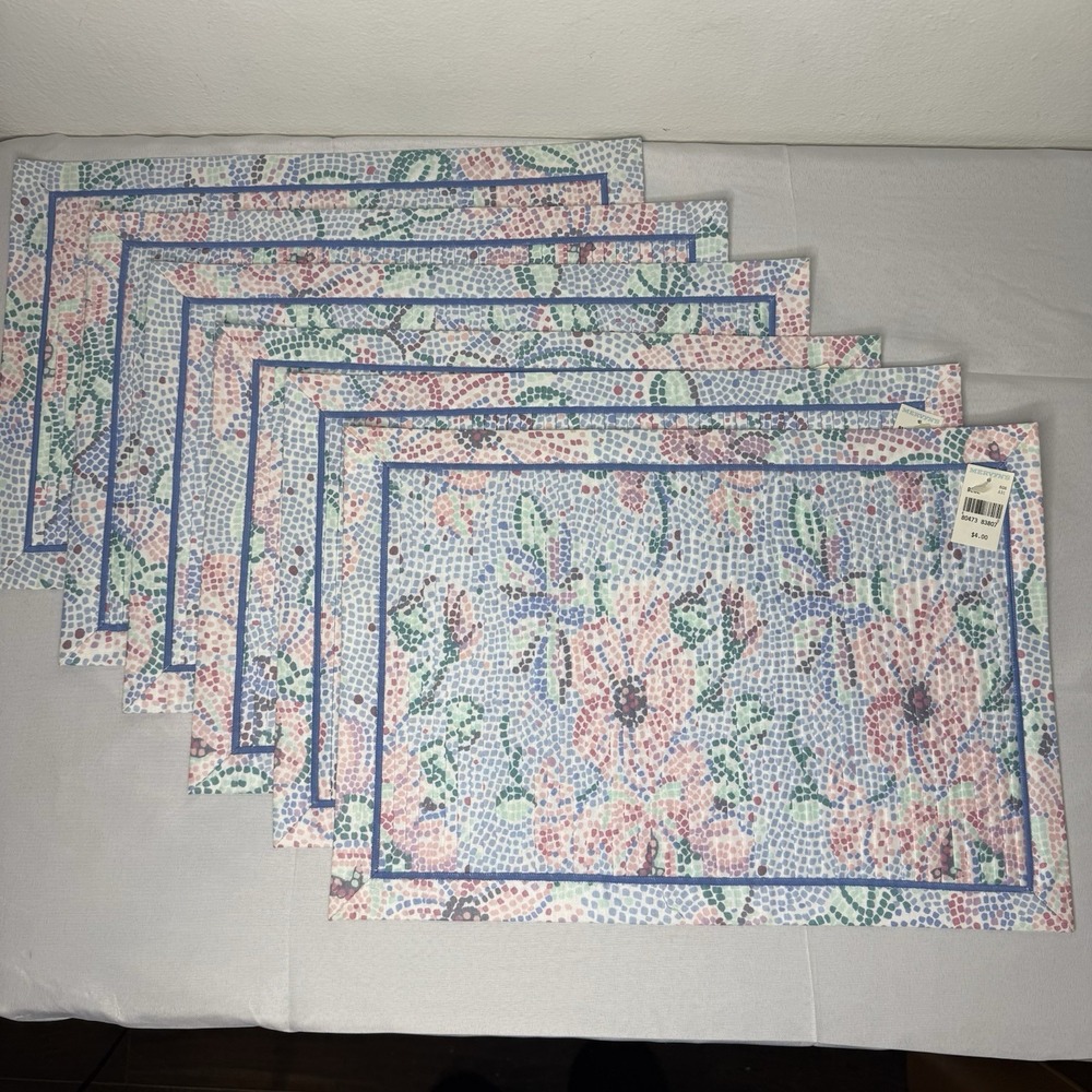 Mervyns Set Of 6 Cotton‎ Poly Pastel Pleated Placemats Retro Floral Blue Pink